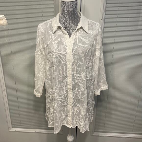 Dana Buchman Tops - Dana Buchman Sheer Button Up Blouse Embroidered Top White Ivory XL
